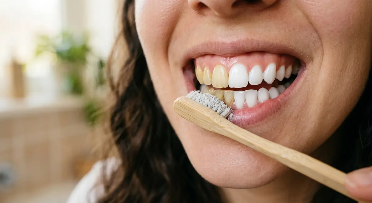 Brossage des dents avec le dentifrice en poudre gris, sur une brosse en bambou
