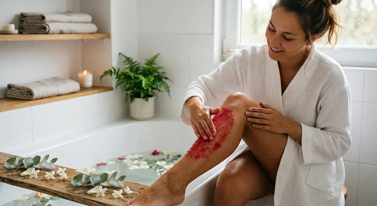 Applying a body scrub to the leg during a relaxing bath