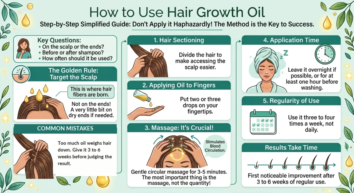 Infographic: how to use hair growth oil step by step, from prep to leave-in time