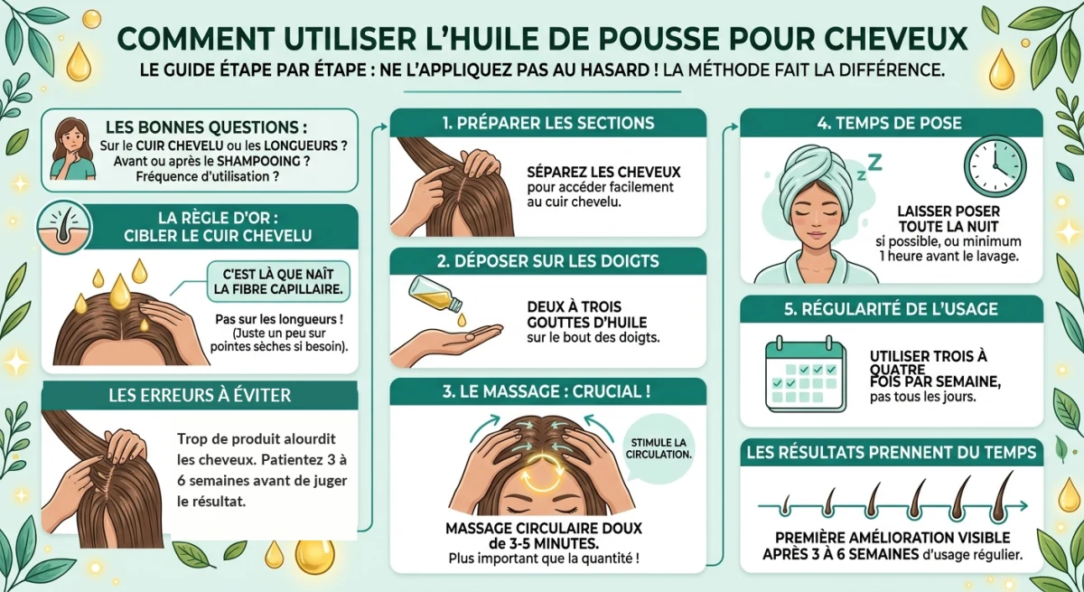 Infographie : comment utiliser l'huile de pousse pour cheveux étape par étape, de la préparation au temps de pose